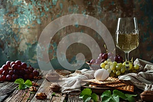 Matzoh bread, walnuts, and seder. Jewish Passover holiday concept. Greeting Card, Copy space