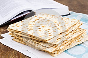 Matzot for passover celebration on a wooden table