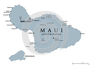 Maui, Hawaii, United States, gray political map, capital Wailuku
