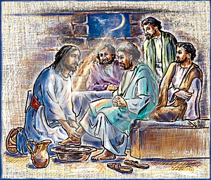 Maundy Thursday. Thursday color illustration with Jesus and the 12 Apostles. The establishment of the Holy Eucharist photo