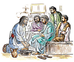 Maundy Thursday, Good or Holy Thursday color illustration with washing of the feet. Jesus and the Apostles