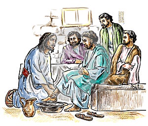 Maundy Thursday, Good or Holy Thursday color illustration with washing of the feet. Jesus and the Apostles photo