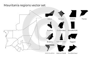 Mauritania map with shapes of regions.