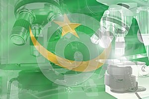 Mauritania science development conceptual background - microscope on flag. Research in healthcare or medicine, 3D illustration of