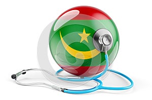 Mauritanian flag with stethoscope. Health care in Mauritania concept, 3D rendering