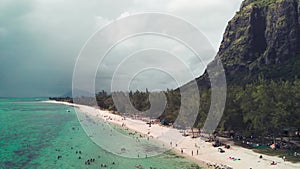 Mauritius, Africa. Panoramic aerial view from drone of Le Morne Beach