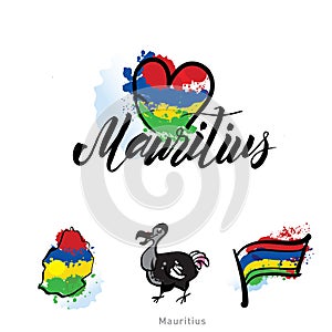 Mauritius country flag concept with grunge design suitable for a logo icon design Dodo bird illustration. Map.