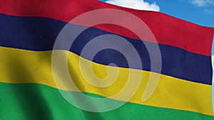Mauritius flag on a flagpole waving in the wind, blue sky background. 3d rendering