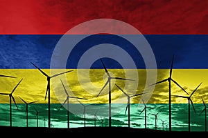 Mauritius flag wind farm at sunset, sustainable development, renewable energy