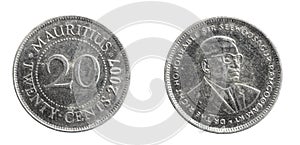 Mauritius twenty cents coin on white isolated background