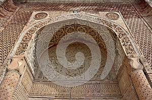 Mausoleum or gumbez,ancient tomb of Karakhanid`s dynasty covered with beautiful geometrical and floral muslim ornaments,Uzgen