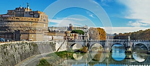 The Mausoleum of Hadrian Castel Sant`Angelo and Tiber river scenic day view in Rome, capital of Italy