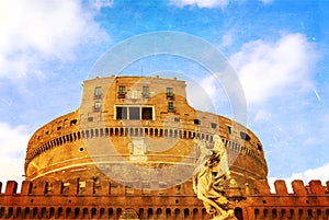 Mausoleum of Hadrian, known as the Castel Sant`Angelo in Rome. Stylized old photo