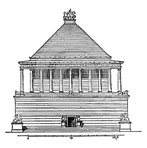 Mausoleum at Halicarnassus,  a tomb built, vintage engraving