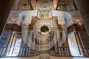 Mausoleum of Sultan Qalawun with decorated colorful marble niche, Mihrab and decorated marble wall