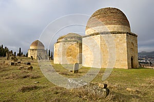 Mausoleums of the old complex `Eddi Gumbez`, January day. Shamakhi, Azerbaijan