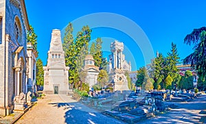 Mausoleums and tombs in Memorial Cemetery are the masterpieces of funeral architectural artworks, Milan, Italy