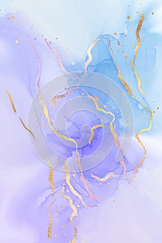 Mauve and teal blue liquid watercolor background with golden glitter splash. Pastel violet and cyan marble alcohol ink