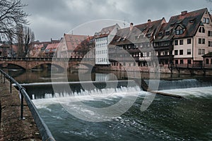 Max Bridge over River Pegnitz and waterfall