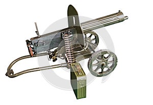 Maxim machine gun with a box of cartridges and a tape inserted