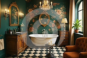 maximalist bathroom with patterned wallpaper and eclectic vintage decor