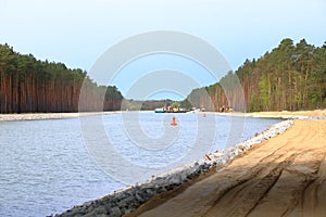 May 01 2022 - Oder-Havel Wasserstrasse, Brandenburg, Germany: construction work on the canal