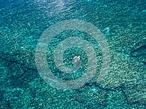 May 15 2016, Haleiwa Hawaii. Aerial view of an unknown Stand up Paddle boarder surfing in the Ocean