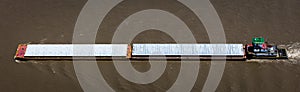 MAY 16 2019, ST LOUIS, MO. USA - Barge seen from the Gateway Arch looking down on the Mississippi River, St. Louis, MO