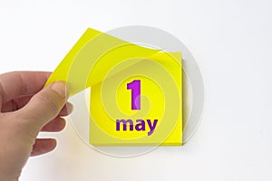 May 1st . Day 1 of month, Calendar date. Hand rips off the yellow sheet of the calendar. Spring month, day of the year concept
