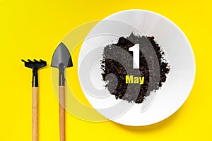 May 1st . Day 1 of month, Calendar date.White plate of soil with a small spatula and rake on yellow background. Spring month, day