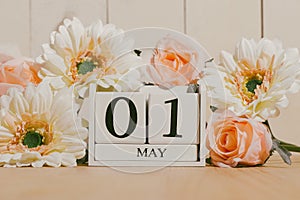 May 1st. Image of may 1 white block calendar on white background
