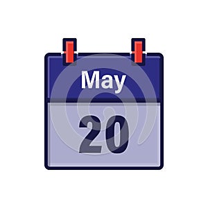 May 20, Calendar icon with shadow. Day, month. Meeting appointment time. Event schedule date. Flat vector illustration.