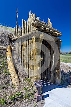 MAY 20, FORT MANDAN, NORTH DAKOTA, USA - Earth Lodge replica shown at Knife River Indian Village, the site where Sacagawea meets