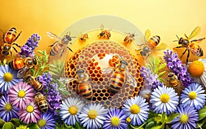 May 20, World bee day. A lively swarm of bees is illustrated in a sea of vibrant flowers and honeycomb, celebrating the beauty and