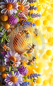 May 20, World bee day. A lively swarm of bees is illustrated in a sea of vibrant flowers and honeycomb, celebrating the beauty and