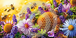 May 20, World bee day. A lively swarm of bees is illustrated in a sea of vibrant flowers and honeycomb, celebrating the beauty and