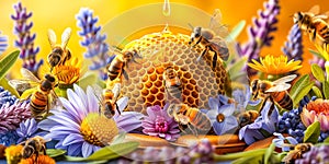 May 20, World bee day. A lively swarm of bees is illustrated in a sea of vibrant flowers and honeycomb, celebrating the beauty and