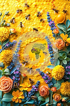 May 20, World bee day. A lively swarm of bees is illustrated in a sea of vibrant flowers and honeycomb, celebrating the beauty and