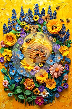 May 20, World bee day. A lively swarm of bees is illustrated in a sea of vibrant flowers and honeycomb, celebrating the beauty and