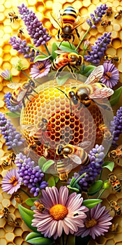 May 20, World bee day. A lively swarm of bees is illustrated in a sea of vibrant flowers and honeycomb, celebrating the beauty and