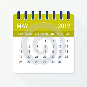 May 2019 Calendar Leaf. Calendar 2019 in flat style. Vector illustration.