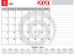 May 2020 Calendar Monthly Planner Design