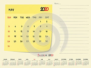 May 2020 Calendar Paper Note Design