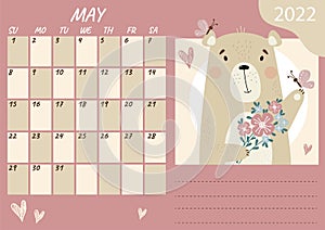 May 2022 Planner Calendar Template. Cute happy teddy bear with a bouquet of flowers and butterflies. Vector illustration. Week