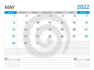 May 2022 year, Calendar planner 2022 and Set of 12 Months,  week start on Sunday. Desk calendar 2022 design, wall calendar design