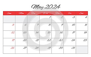 May 2024 ENGLISH month calendar. Vector printable illustration. Monthly planning for business events