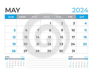 May 2024 page, Calendar 2024 template, Desk calendar 2024 year, planner design, Wall calendar, week starts on sunday, stationery