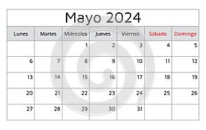 May 2024 SPANISH calendar (mayo). Vector illustration. Monthly planning for business in Spain