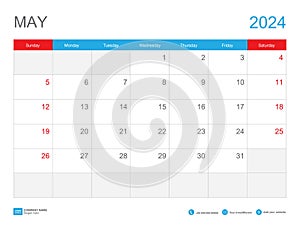 May 2024 template-Calendar 2024 design , Desk Calendar 2024 template, Planner simple, Week starts Sunday, Stationery, Wall