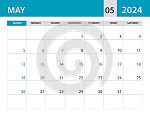 May 2024 template - Calendar 2024 template vector, planner monthly design, Desk calendar 2024, Wall calendar design, Minimal style